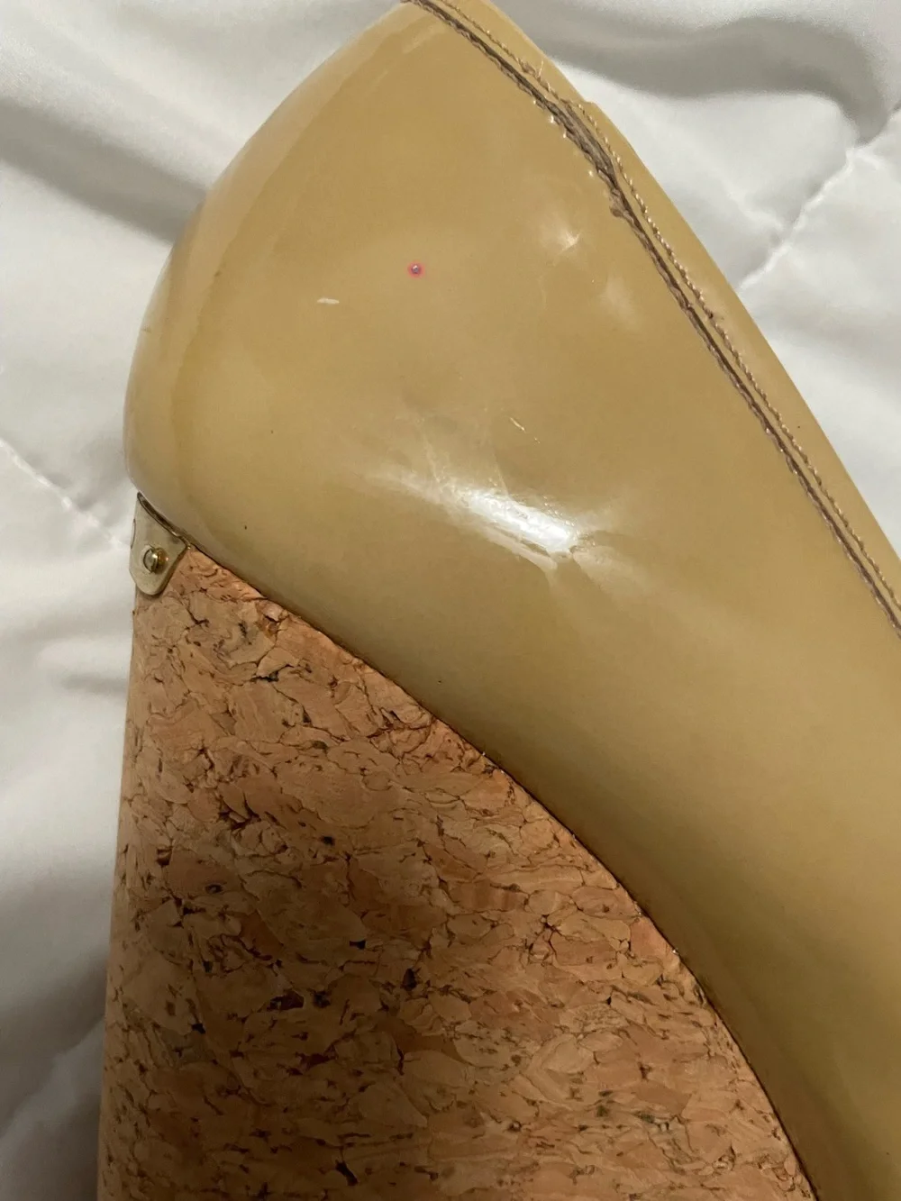 Jimmy Choo peep toe Beige Patent Cork Wedge Heels